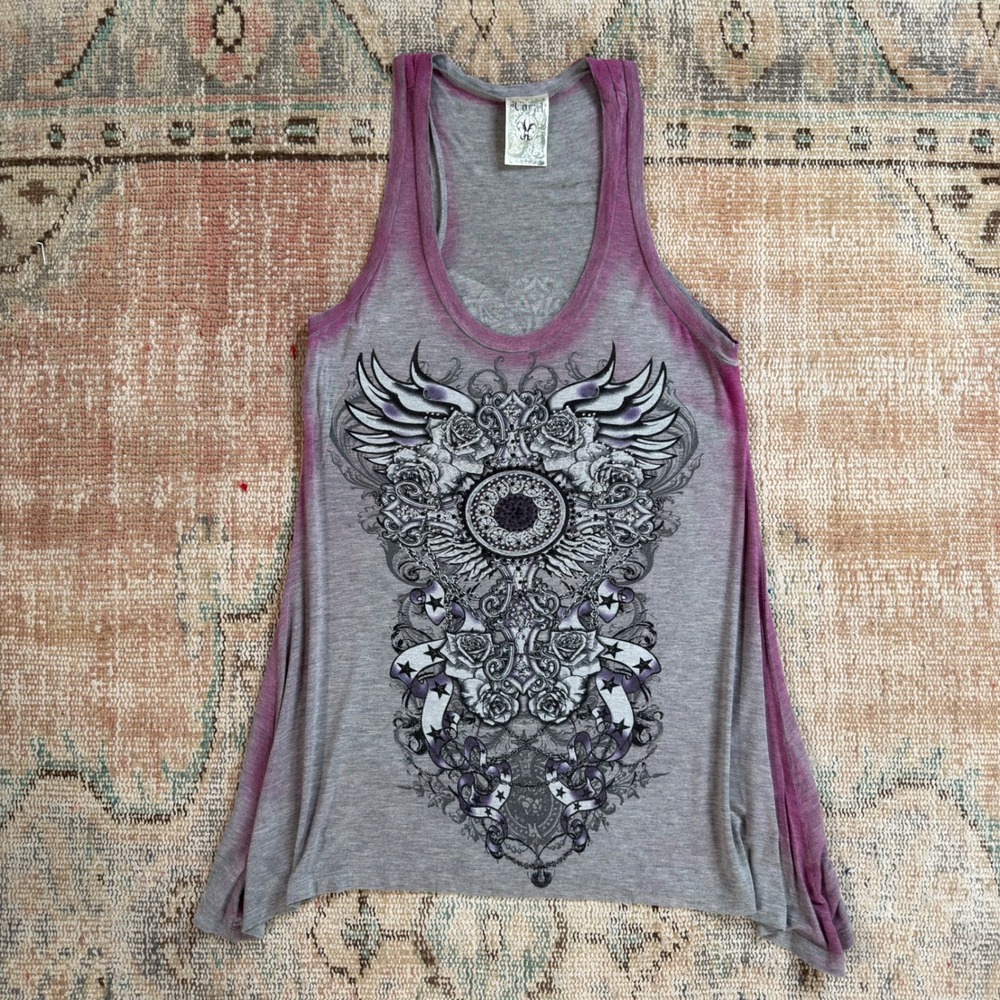 Vintage Vocal Y2K Graphic Tank Top Grey Purple Wing Rhinestone Affliction Style